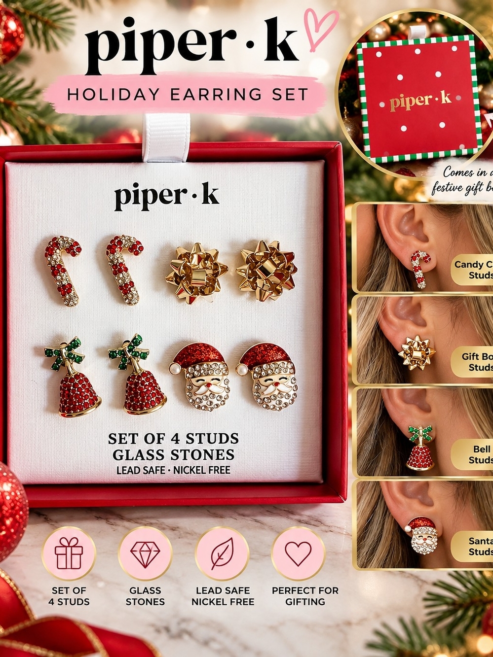 Piper Holiday Stud Earring Set - Red, Green & Gold